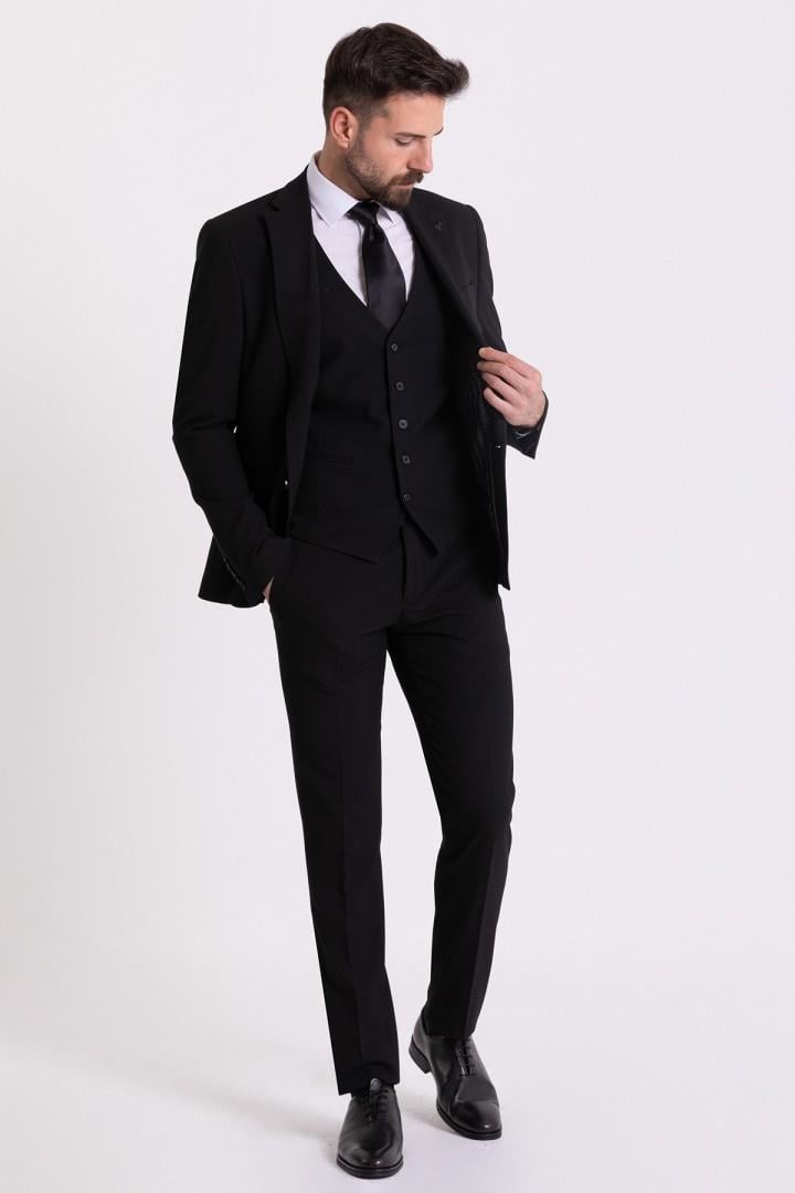 Büyük Beden Siyah Yelekli Klasik Erkek Takım Elbise
