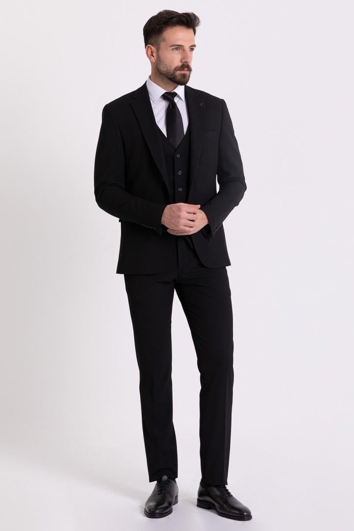 Büyük Beden Siyah Yelekli Klasik Erkek Takım Elbise