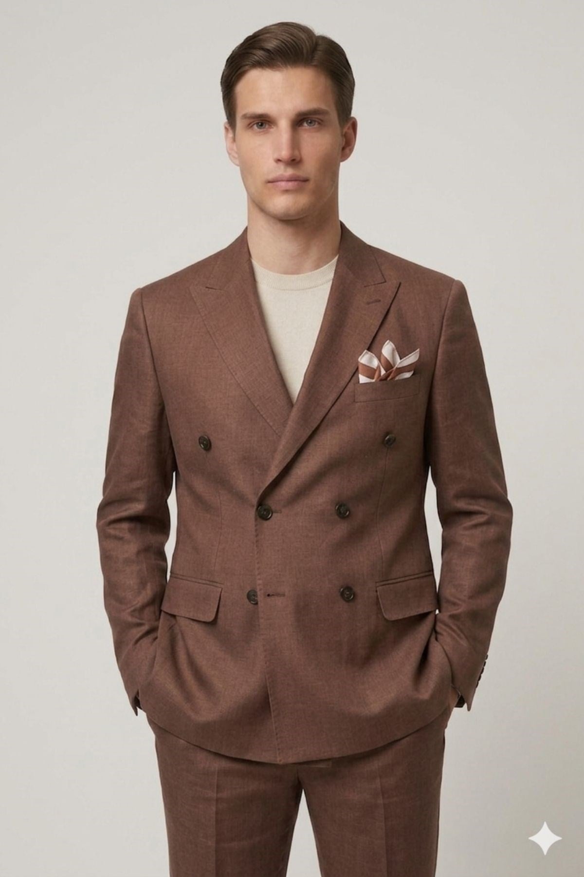 Slim Fit Geniş Yaka Kruvaze Keten Erkek Ceket