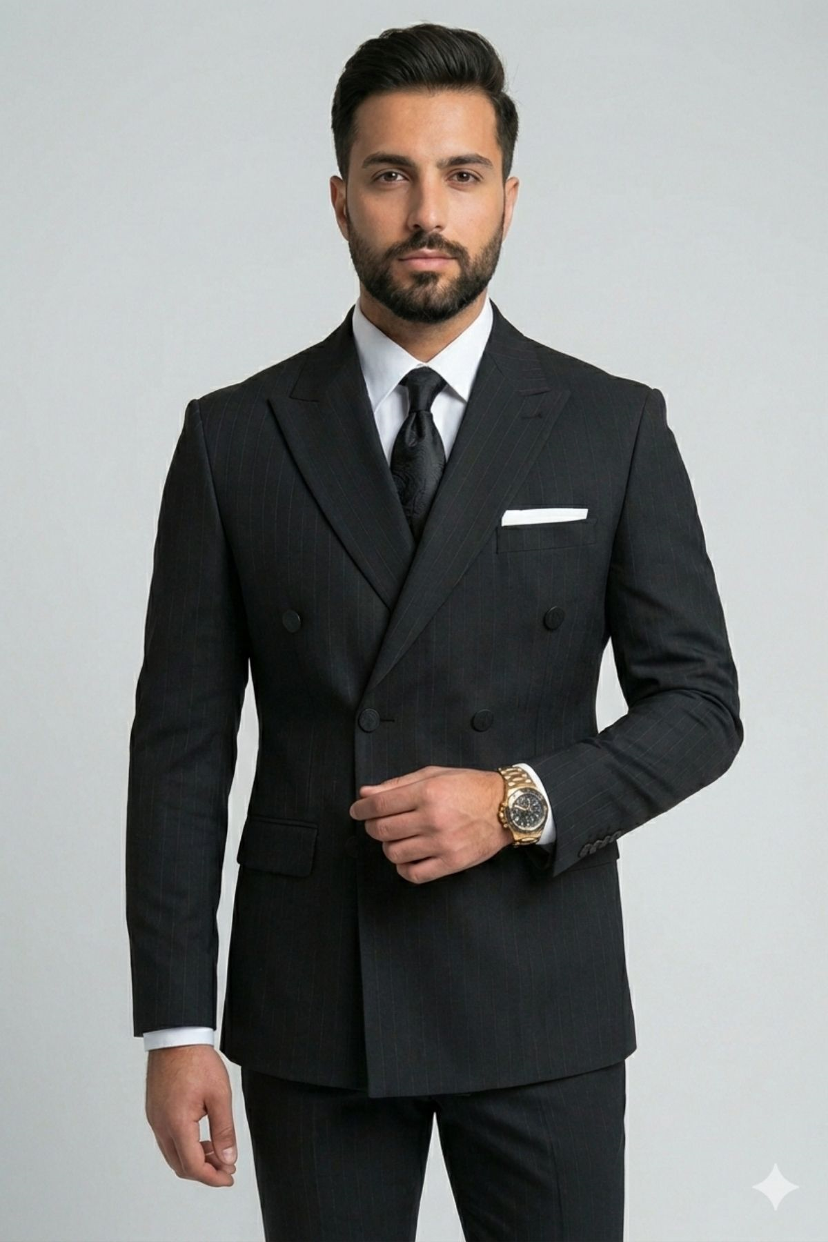 Siyah Çizgili Slim Fit Kruvaze Yaka Erkek Takım Elbise HT7318