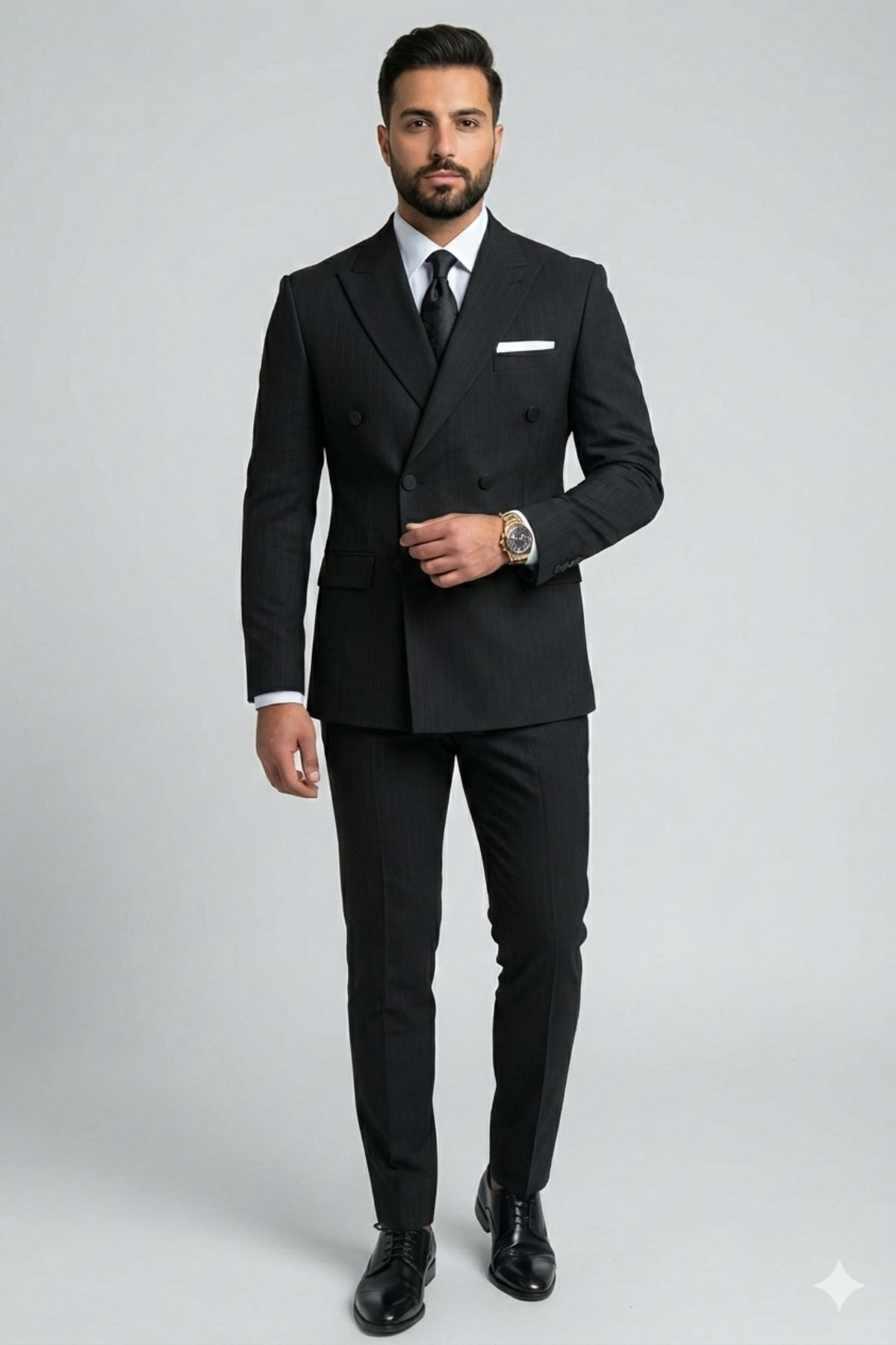 Siyah Çizgili Slim Fit Kruvaze Yaka Erkek Takım Elbise HT7318