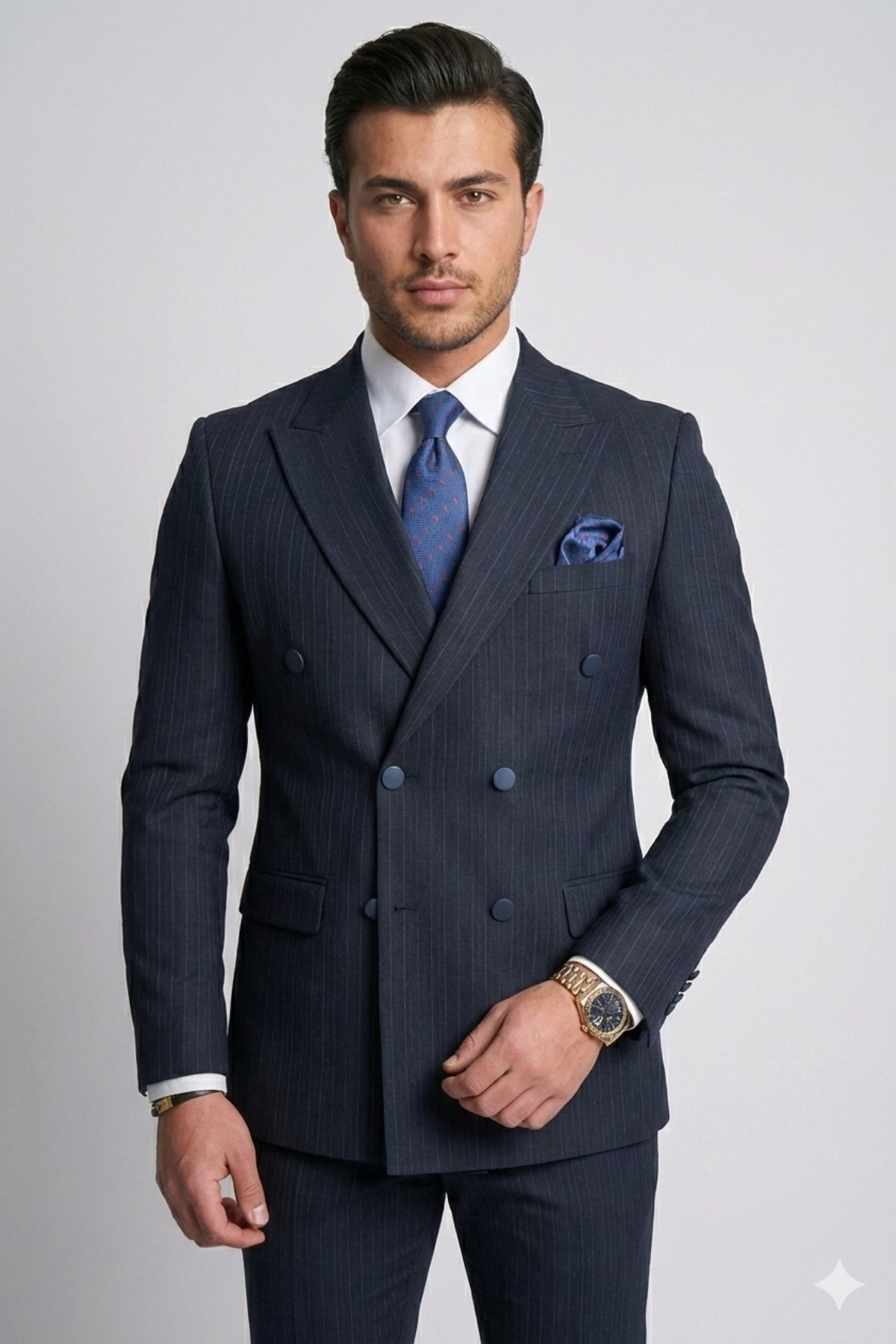Lacivert Çizgili Slim Fit Kruvaze Yaka Erkek Takım Elbise HT7318