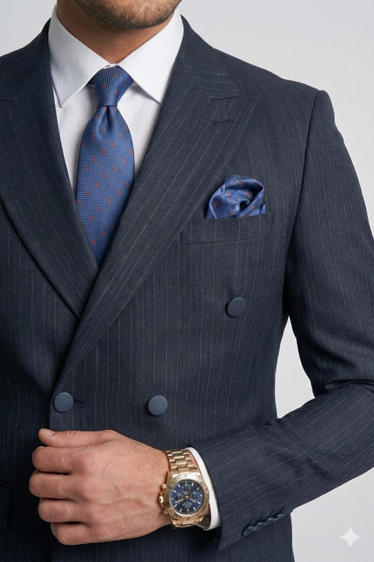 Lacivert Çizgili Slim Fit Kruvaze Yaka Erkek Takım Elbise HT7318