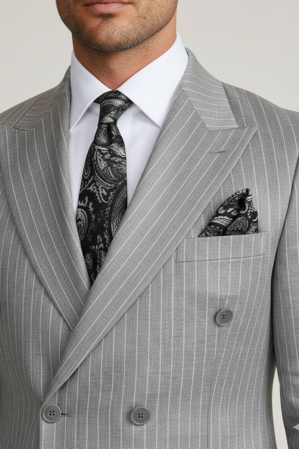 Slim Fit Kruvaze Yaka Pantolon Ceket Çizgili Takım Elbise HT1030-GRİ