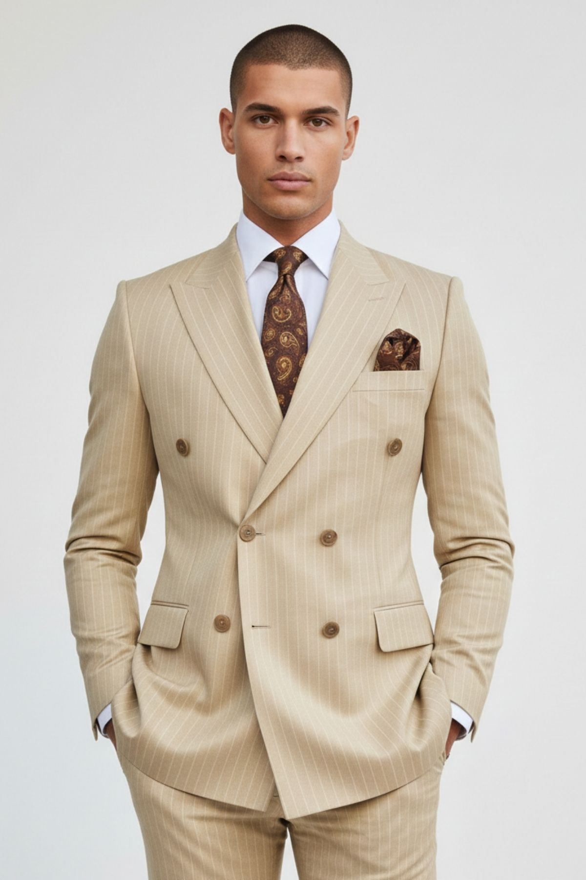 Krem Slim Fit Kruvaze Yaka Çizgili Pantolon Ceket Takım Elbise HT1030