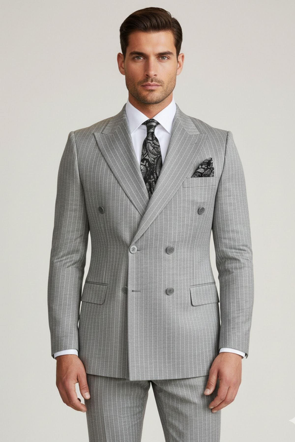 Slim Fit Kruvaze Yaka Pantolon Ceket Çizgili Takım Elbise HT1030-GRİ