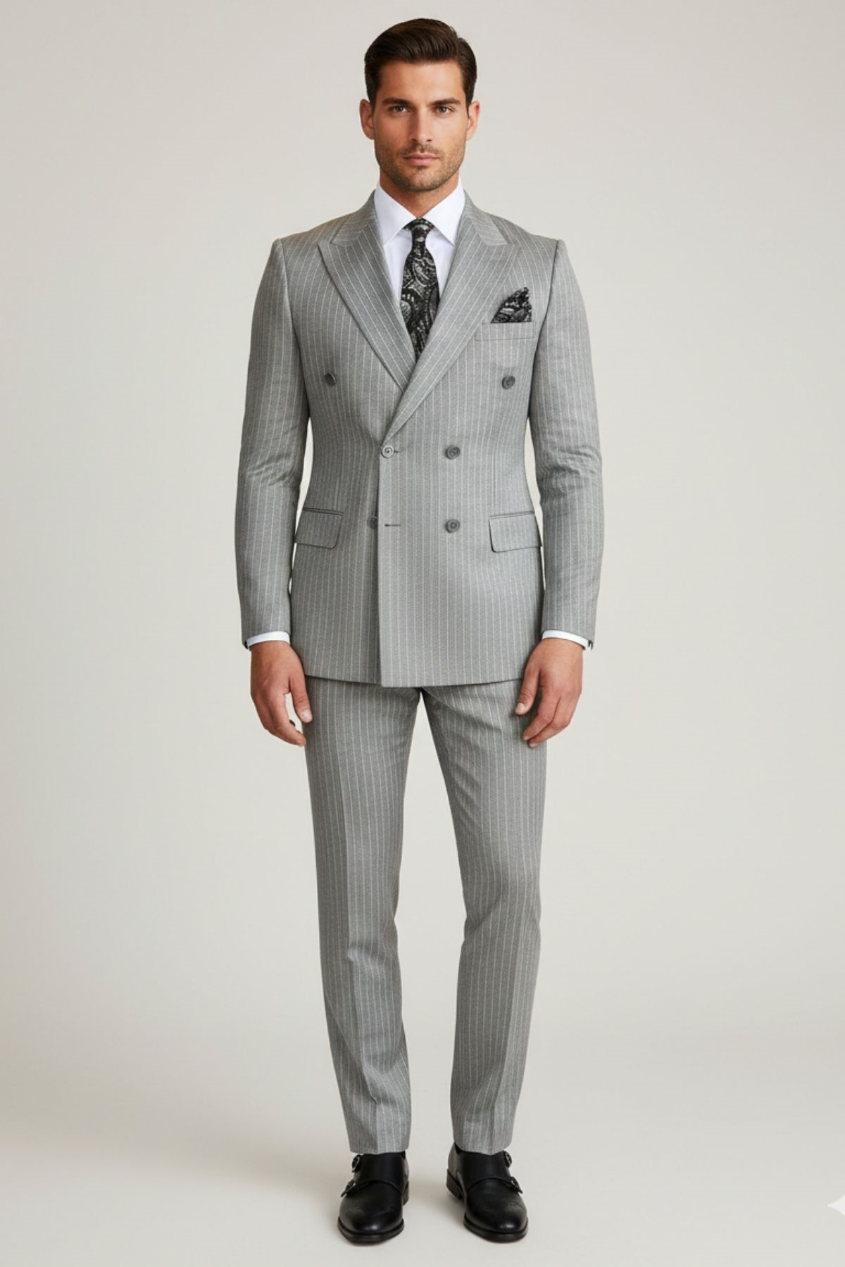 Slim Fit Kruvaze Yaka Pantolon Ceket Çizgili Takım Elbise HT1030-GRİ