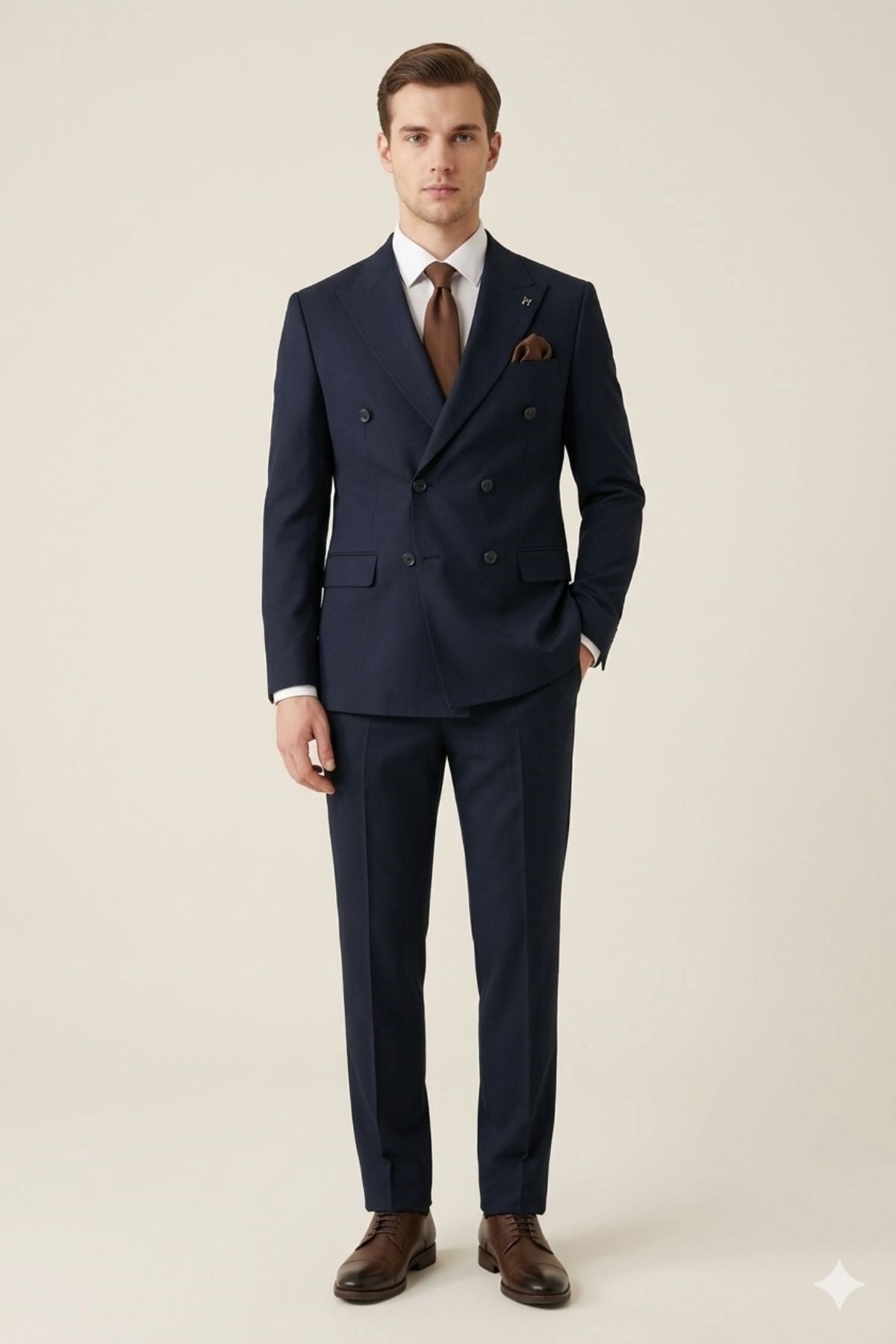 Slim Fit Kruvaze Yaka Pantolon Ceket Takım Elbise HT1028-LACİVERT
