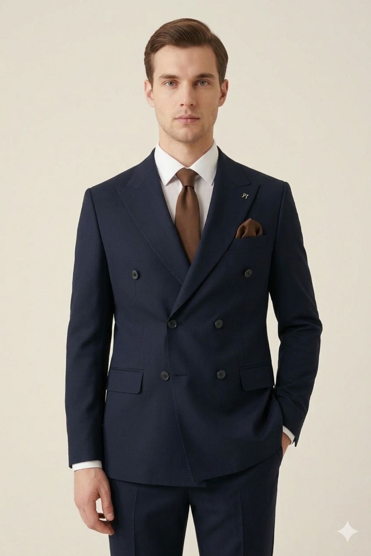 Slim Fit Kruvaze Yaka Pantolon Ceket Takım Elbise HT1028-LACİVERT