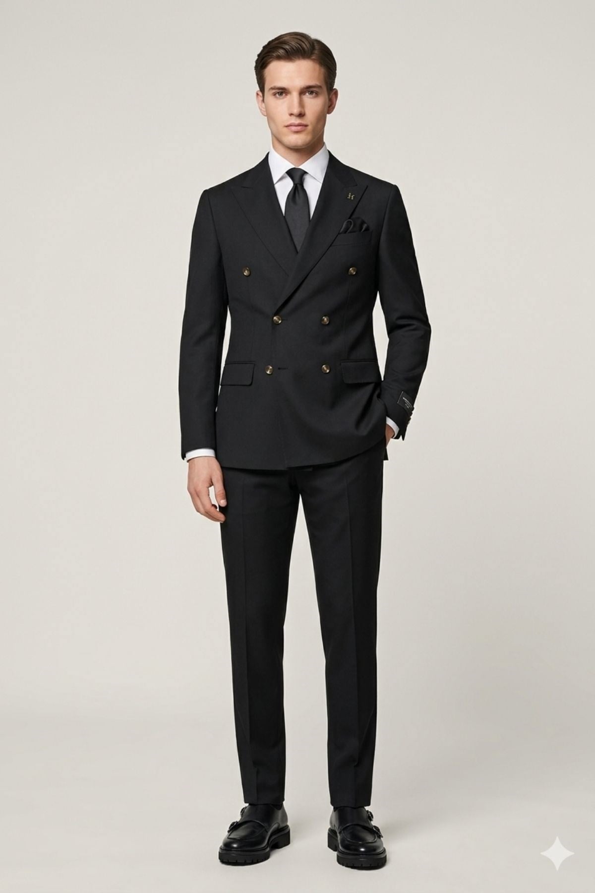 Slim Fit Kruvaze Yaka Pantolon Ceket Takım Elbise HT1028-SİYAH