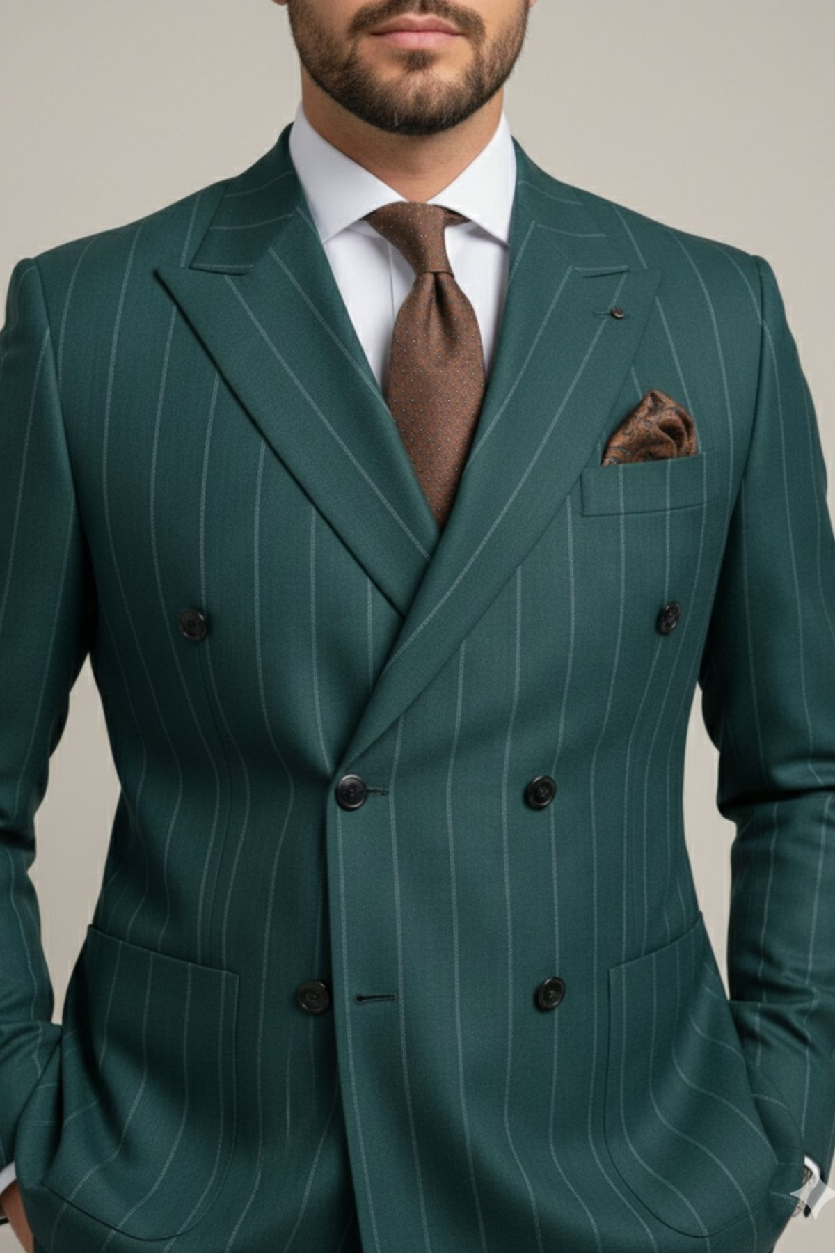Zümrüt Yeşili Çizgili Modern Fit Kruvaze Erkek Takım Elbise