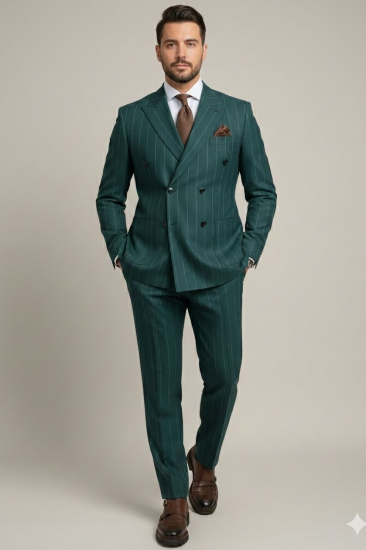 Zümrüt Yeşili Çizgili Modern Fit Kruvaze Erkek Takım Elbise