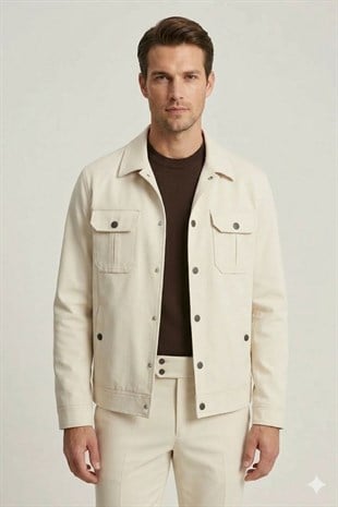 Bej Slim Fit Gömlek Yaka Pantolon Ceket Takım
