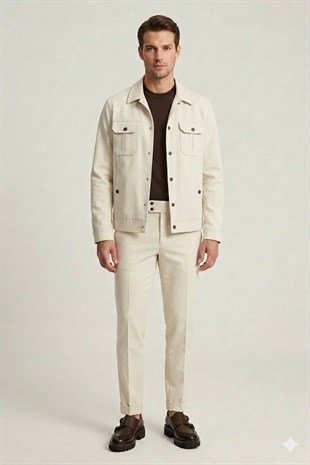 Bej Slim Fit Gömlek Yaka Pantolon Ceket Takım
