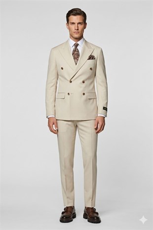 Bej Slim Fit Kruvaze Yaka Pantolon Ceket Takım Elbise HT1027