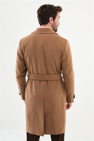 Kamel Slim Fit Kruvaze Geniş Yaka Kuşaklı Kaşe Erkek Kaban HT21303
