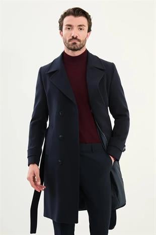 Lacivert Slim Fit Kruvaze Geniş Yaka Kuşaklı Kaşe Erkek Kaban HT21303