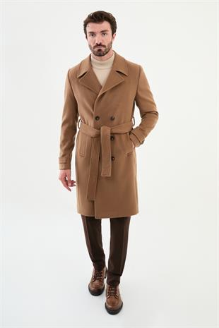 Kamel Slim Fit Kruvaze Geniş Yaka Kuşaklı Kaşe Erkek Kaban HT21303