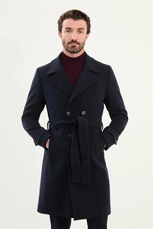 Lacivert Slim Fit Kruvaze Geniş Yaka Kuşaklı Kaşe Erkek Kaban HT21303