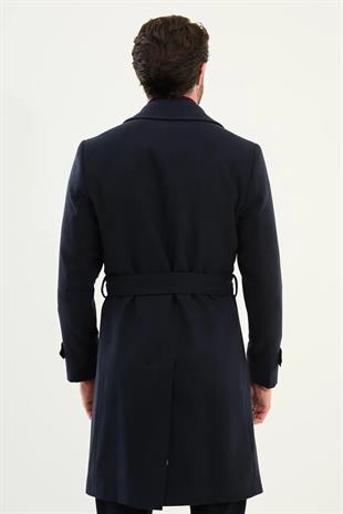 Lacivert Slim Fit Kruvaze Geniş Yaka Kuşaklı Kaşe Erkek Kaban HT21303