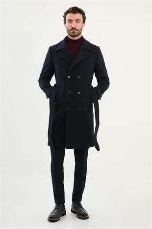 Lacivert Slim Fit Kruvaze Geniş Yaka Kuşaklı Kaşe Erkek Kaban HT21303