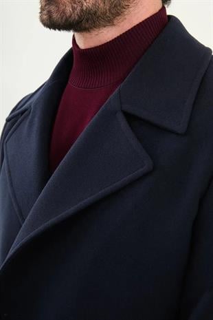 Lacivert Slim Fit Kruvaze Geniş Yaka Kuşaklı Kaşe Erkek Kaban HT21303