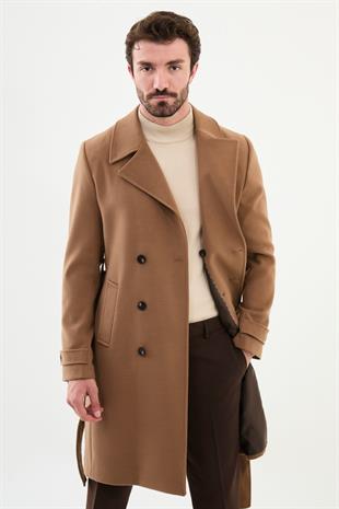 Kamel Slim Fit Kruvaze Geniş Yaka Kuşaklı Kaşe Erkek Kaban HT21303