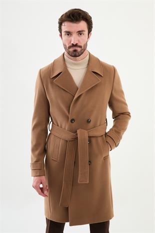 Kamel Slim Fit Kruvaze Geniş Yaka Kuşaklı Kaşe Erkek Kaban HT21303