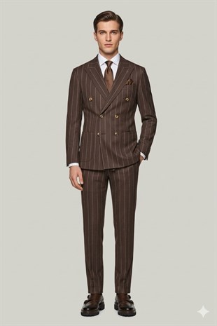 Kahverengi Çizgili Modern Fit Kruvaze Erkek Takım Elbise