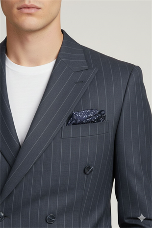Koyu Mavi Çizgili Slim Fit Geniş Yaka Kruvaze Erkek Takım Elbise