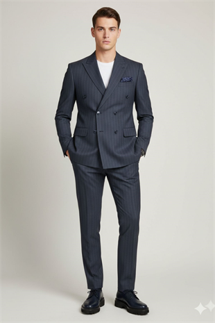 Koyu Mavi Çizgili Slim Fit Geniş Yaka Kruvaze Erkek Takım Elbise