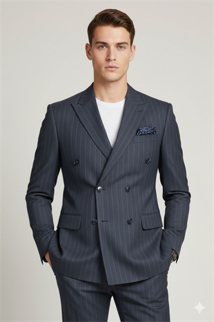 Koyu Mavi Çizgili Slim Fit Geniş Yaka Kruvaze Erkek Takım Elbise