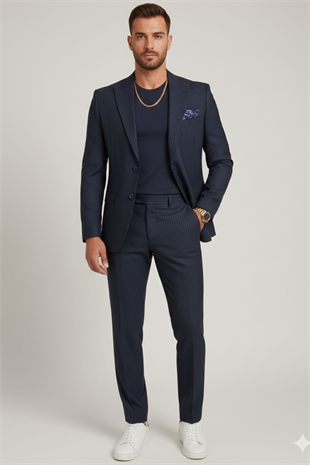 Koyu Mavi İtalyan Tarz Slim Fit Blazer Pantolon Ceket Takım Elbise HT1020