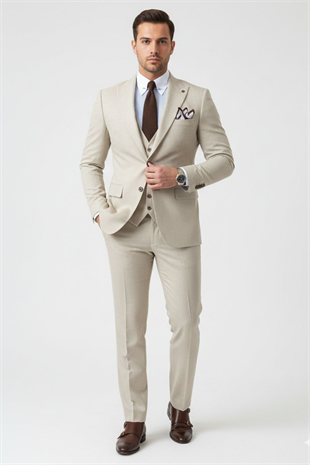 Krem Slim Fit Yelekli Takım Elbise HT1017