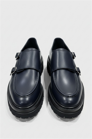 Lacivert Kalın Taban Çift Tokalı Deri Erkek Ayakkabı HT2056