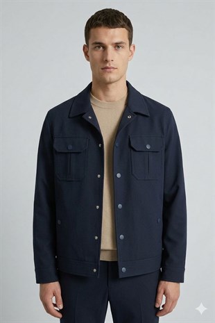 Lacivert Slim Fit Gömlek Yaka Pantolon Ceket Takım