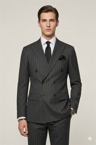 Siyah Çizgili Slim Fit Geniş Yaka Kruvaze Erkek Takım Elbise