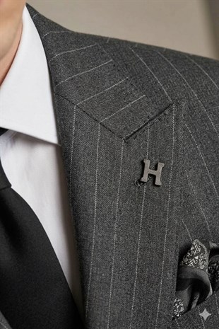 Siyah Çizgili Slim Fit Geniş Yaka Kruvaze Erkek Takım Elbise