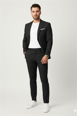 Siyah İtalyan Tarz Slim Fit Blazer Pantolon Ceket Takım Elbise HT1020