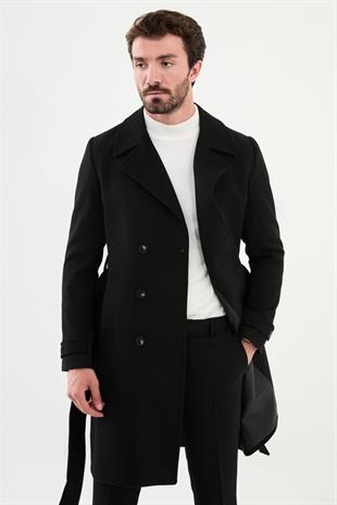 Siyah Slim Fit Kruvaze Geniş Yaka Kuşaklı Kaşe Erkek Kaban HT21303