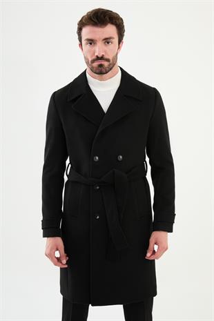 Siyah Slim Fit Kruvaze Geniş Yaka Kuşaklı Kaşe Erkek Kaban HT21303