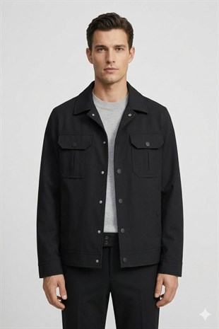 Siyah Slim Fit Gömlek Yaka Pantolon Ceket Takım
