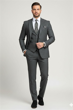 Siyah Slim Fit Yelekli Takım Elbise HT1018