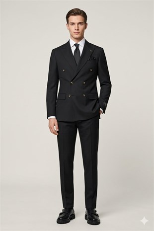 Slim Fit Kruvaze Yaka Pantolon Ceket Takım Elbise HT1028-SİYAH