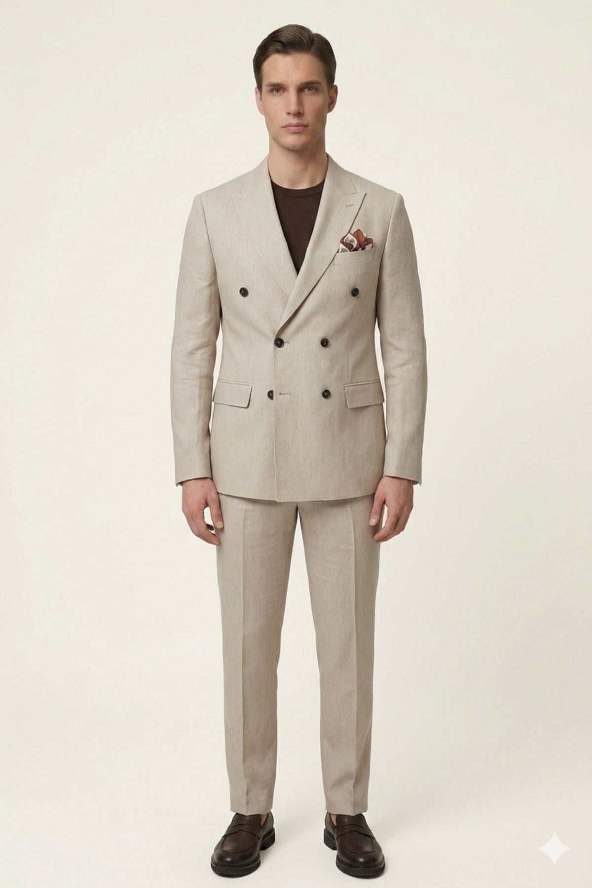 Bej Slim Fit Geniş Yaka Kruvaze Keten Erkek Ceket