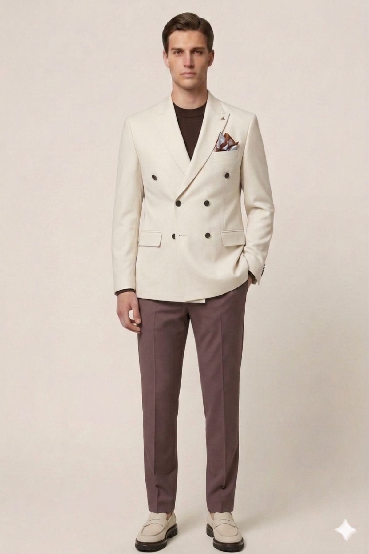 Bej Slim Fit Geniş Yaka Kruvaze Metal Düğmeli Erkek Ceket