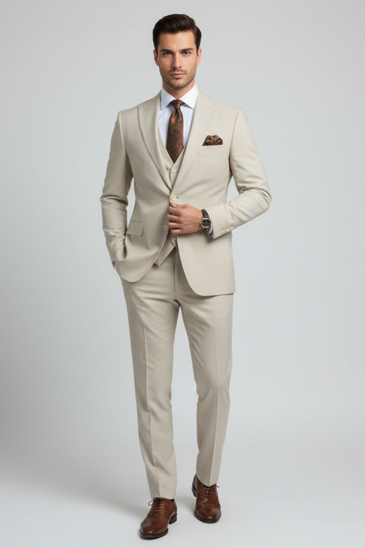 Bej Slim Fit Pantolon Yelek Ceket Takım Elbise HT1009