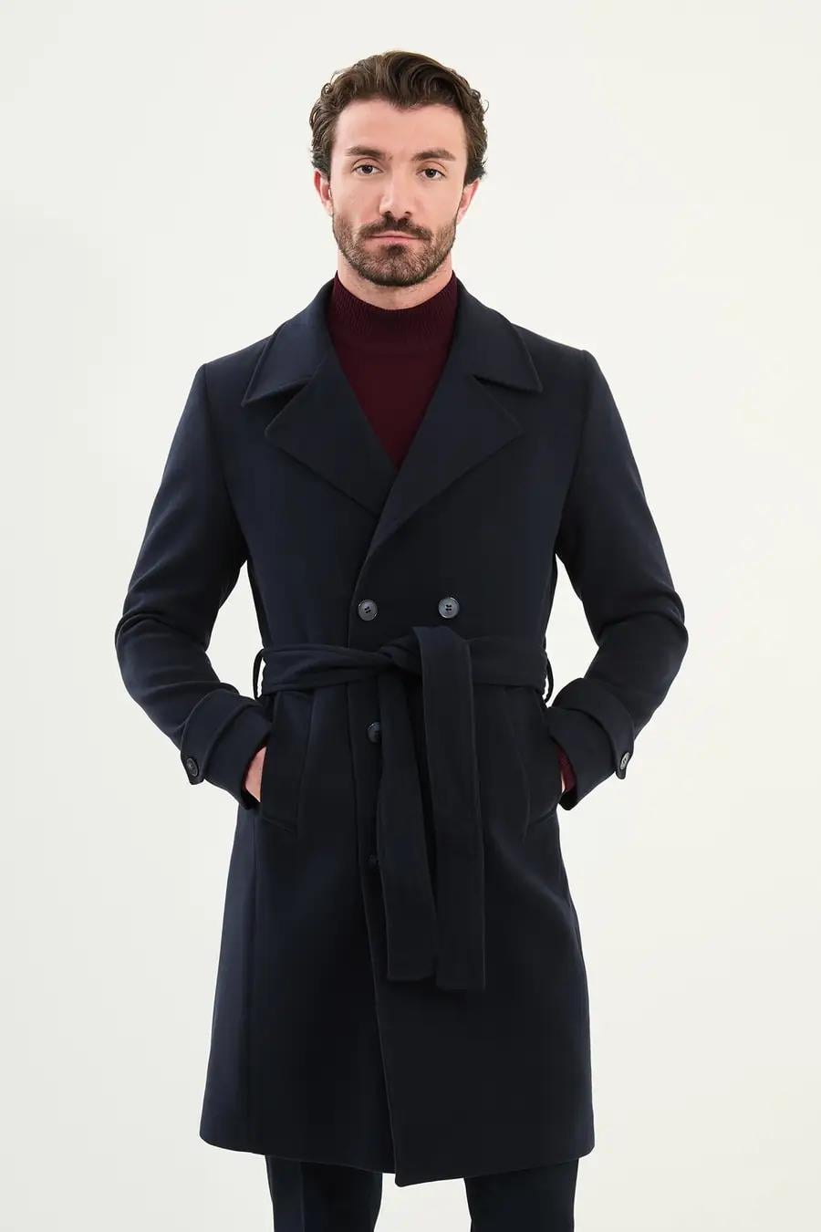 Düz Slim Fit Geniş Yaka Kuşaklı Kruvaze Kaşe Uzun Erkek Kaban