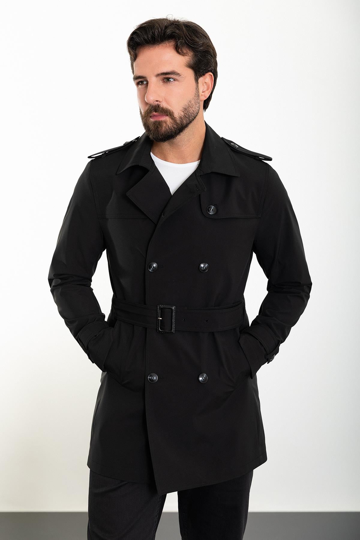 Düz Slim Fit Kemerli Kruvaze Erkek Trenchcoat