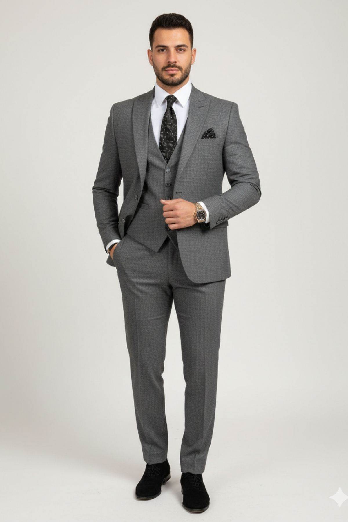 Gri Slim Fit Yelekli Takım Elbise HT1018